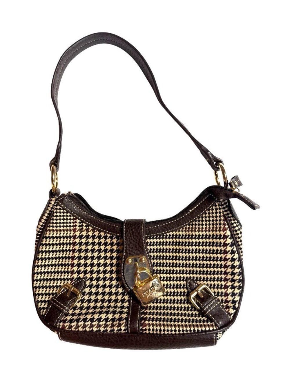 Chaps Houndstooth Handbag With Brown Leather Trim & Gold Accents Shoulder Bag